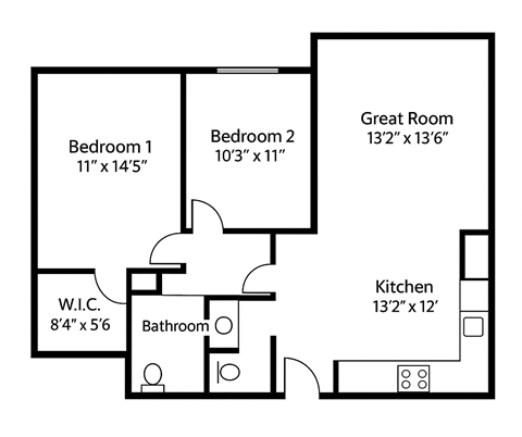 Floor plan for 2 beds, 1 bath, 875 sqft